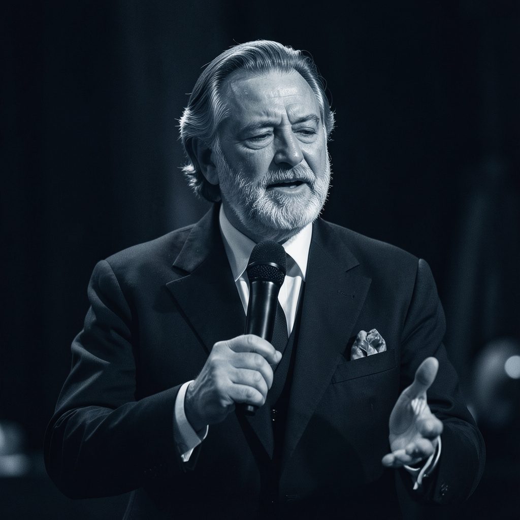 Portrait-style duotone photograph of a pastor figure in navy and cream tones, solemn and formal