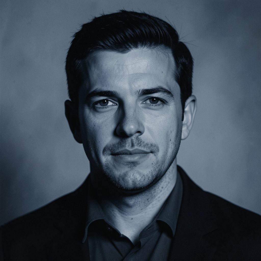 Portrait-style photo of a pastor in deep navy and cream duotone, solemn and formal mood